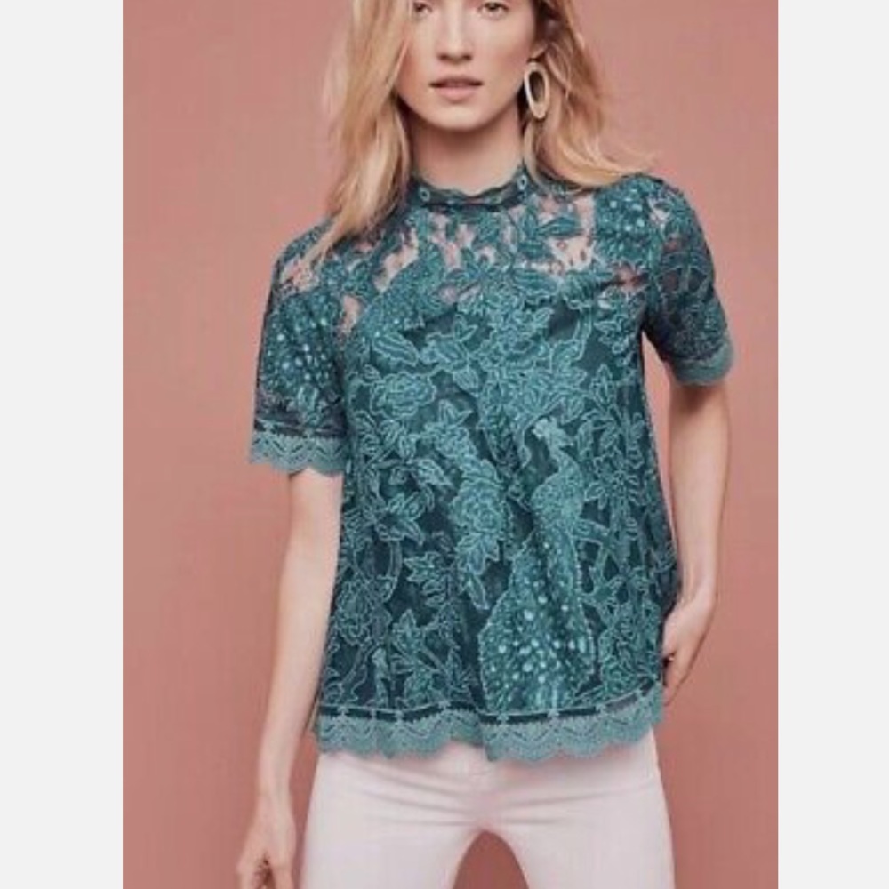 Anthropologie Teal Lace Top